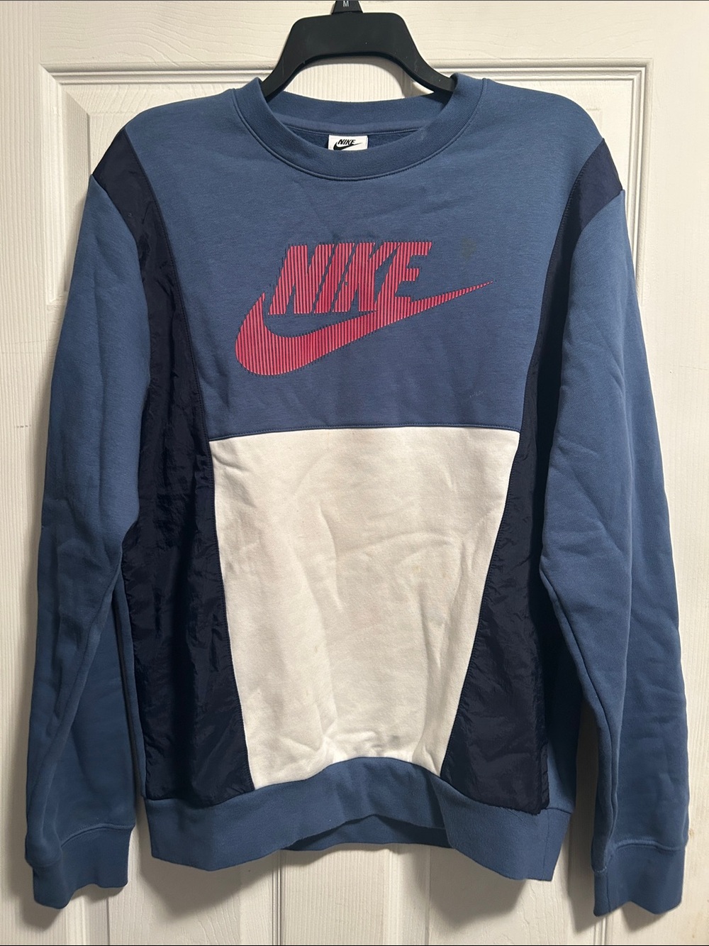 Nike Men's Blue and White Colorblock Crewneck with Pink Logo